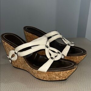 Cole Haan White and Brown Wedge Sandals